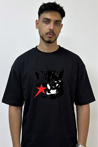 Anetos Kitten Red Star Design Printed Oversize Black T-Shirt