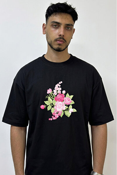 Anetos Pink Roses_1 Design Printed Oversize Black T-Shirt