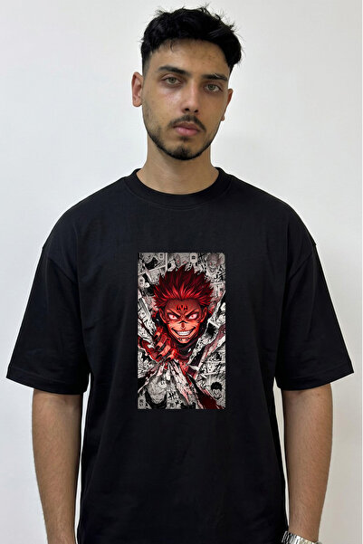 Anetos Ryoumen Sukuna Design Printed Oversize Black T-Shirt