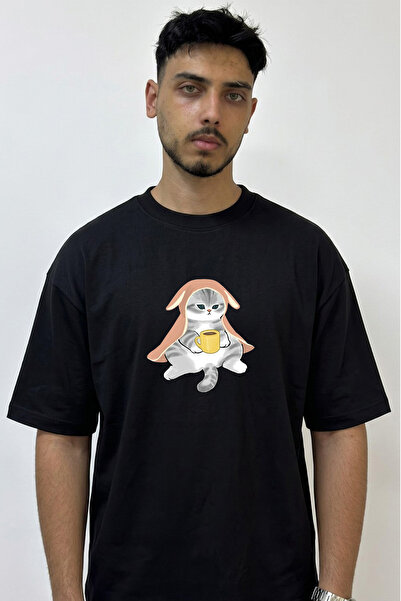 Anetos Tavsan Cat Design Printed Oversize Black T-Shirt