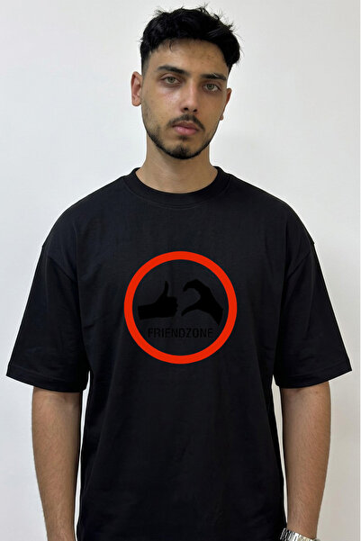 Anetos Friendzone Isaret Design Printed Oversize Black T-Shirt