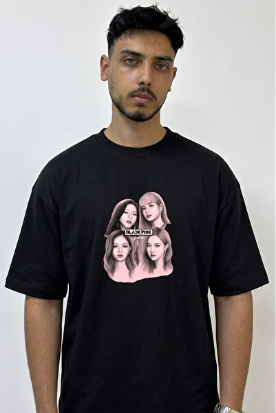 Anetos Black Pink Design Printed Oversize Black T-Shirt