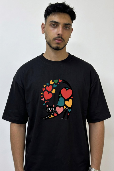 Anetos Cat Hearts Design Printed Oversize Black T-Shirt