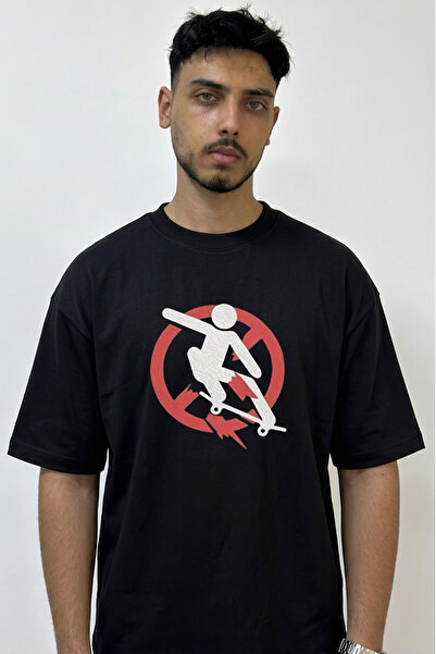 Anetos Skate Ikon Design Printed Oversize Black T-Shirt