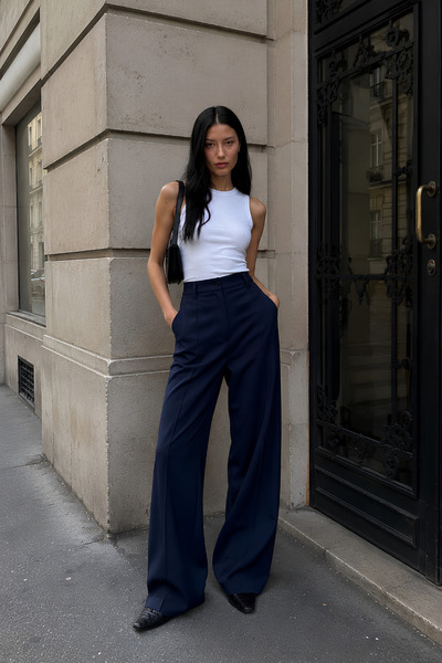 DI LORIA Women's Navy Blue High Waist Wide Leg Palazzo Trousers with Ribbed F...