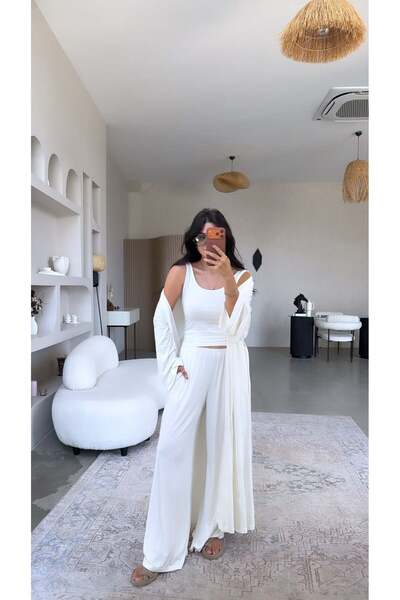 Buket Teke Ecru Viscose Thin Elastic Pants