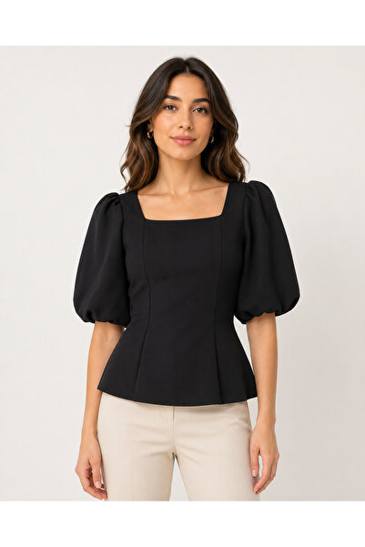 Butik Kadın Siyah Kare Yaka Kolu İnci Detaylı Peplum Bluz