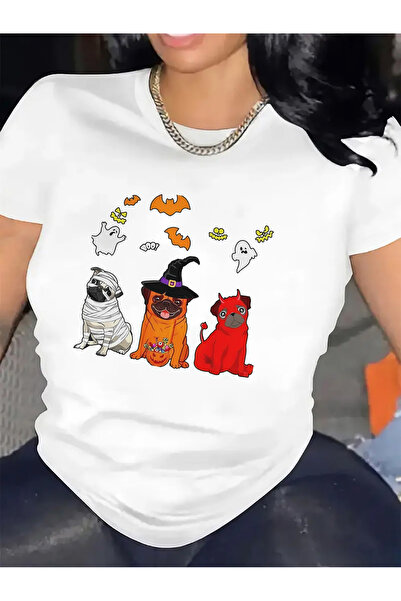 1001moda cotton Short Sleeve T-Shirt with Halloween Pug Design Home Party Wea...