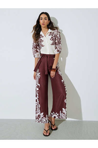 Styli Burgundy Border Floral Print Wide Leg Pants