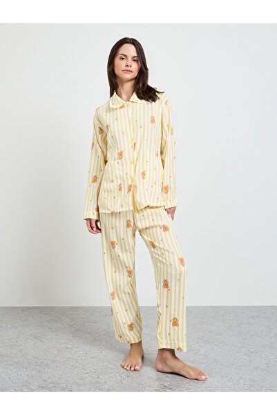 Styli Yellow Bear Striped Print Shirt and Pyjama Set