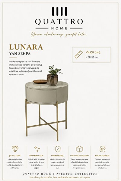 QUATTRO HOME Lunara Çekmeceli Yan Sehpa Gold Metal Ayaklı Lake Cilalı Modern ...
