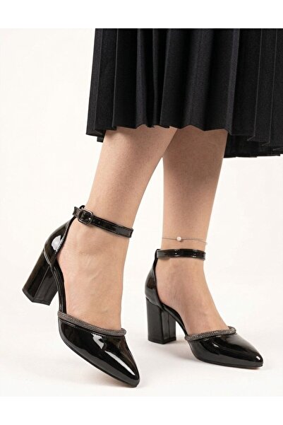 Gönbeler Women's Black Patent Leather 7 cm Thick Heeled Shoes with Stone Deta...