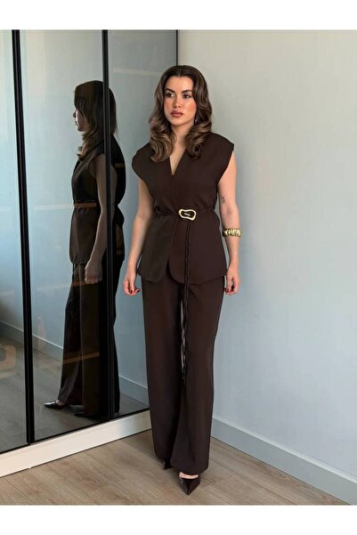 BNGL Boutique Kahverengi yelek& pallazo pantolon& gold kuşaklı takım
