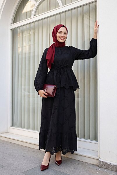 Modamorfo Elastic Sleeves, Belted, Scalloped Lined Linen Look Suit - Black