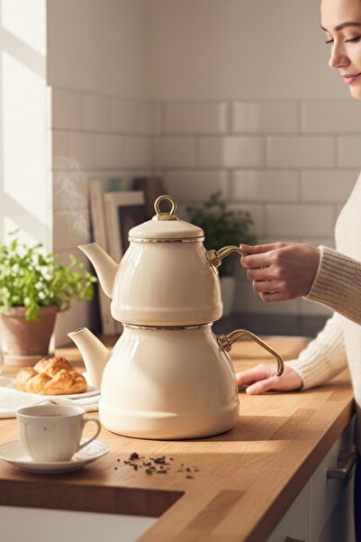 ALBETTO Retro Enamel Teapot Set Cream Gold