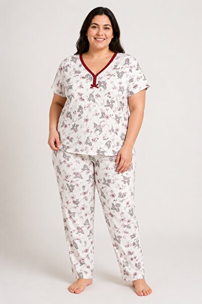 CottonVia Mother's Pajama Set, Ribbed V-Neck, Floral Pattern, Short Sleeve, 1...