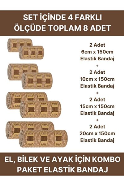 Alban Elastik Bandaj Seti 8’li (2x6cm+2x10cm+2x15cm+2x20cm) 32 Klipsli 4,5 Me...