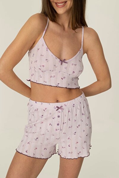 girlstop Kadın Pamuklu Pointelle Fiyonk Detaylı Crop Pijama Üstü