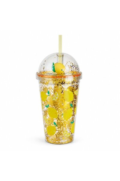 SHOPIENS Pahar reutilizabil cu pai și capac tip dom, Lămâie, 475ml, Plastic g...
