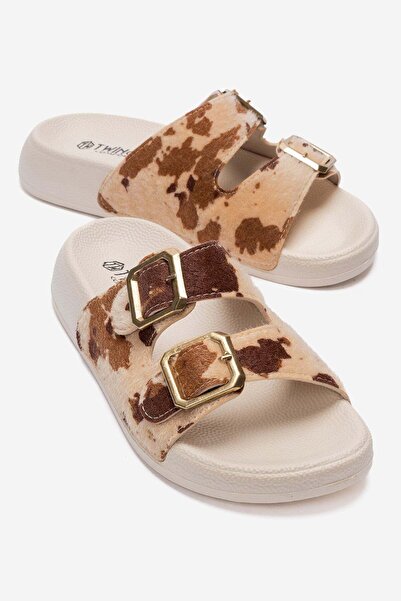 CCWAY AYAKKABI Women's Double Buckle Slippers Ecru Leopard