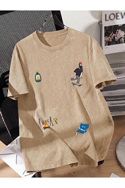 Toum Tricou oversize unisex vintage, lavabil, cu imprimeu Alone Life