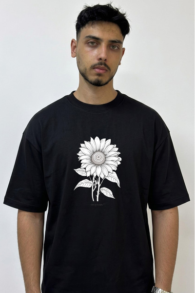 Anetos Μπλουζάκι με σχέδιο Moon Flower Design, εμπριμέ, μεγάλου μεγέθους, μαύρο