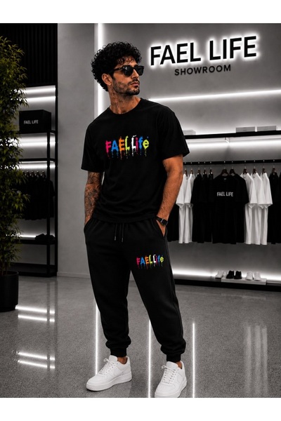 FAEL LİFE Unisex Wide-Let T-Shirt and Sweatpants Colorful Feal Life Printed Set