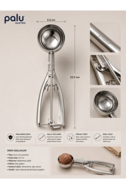 PALU GASTRO Stainless Steel Ice Cream Scoop 22.5 cm - Professional Spring-Loa...