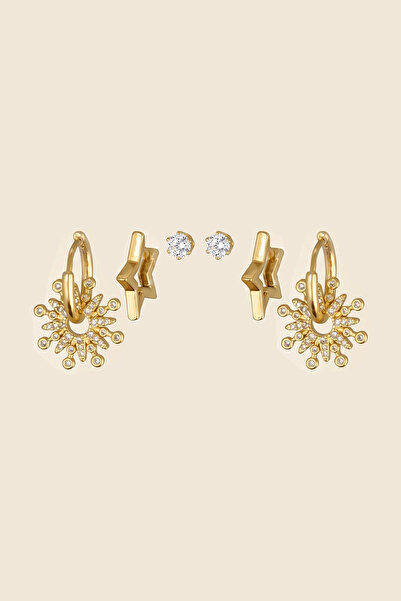 Hetra Gold Color Steel Zircon Stone Sun and Star Shaped 6-Piece Earring Set