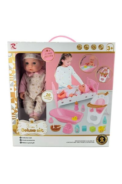 Blue Toys Πολυτελής Κούκλα Μωρό 3 σε 1 με Κρεβάτι, Μπανιέρα, Καρεκλάκι Φαγητο...