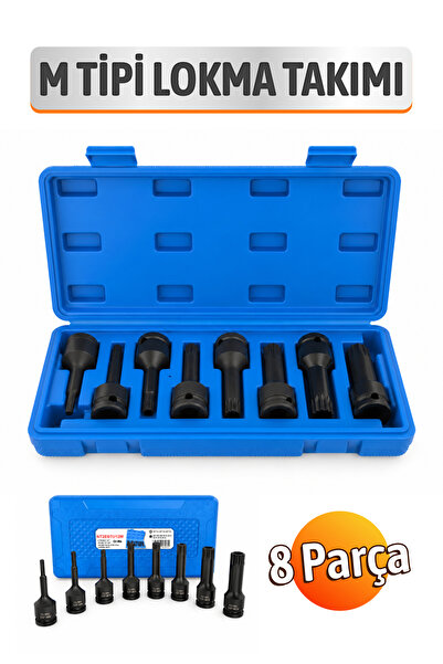 Badem10 8 Parça 1/2" Cr-Mo M-Tipi Uzun Lokma Seti XZN Spline Üçlü Kare NTZSET...
