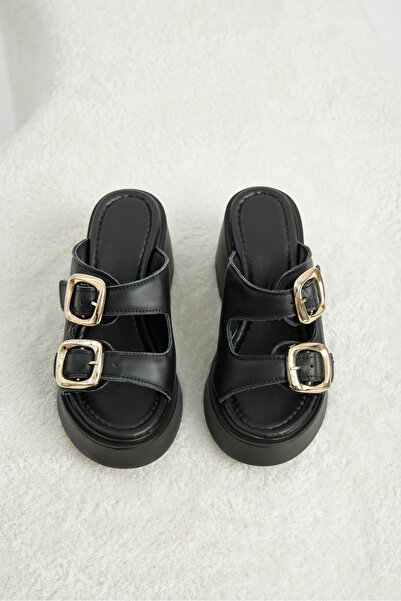 Tonny Black Women's Black Comfortable Double Buckle Thick Soled Slippers