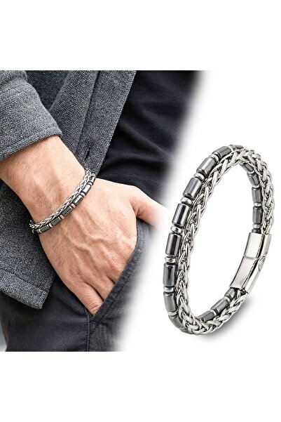 OGHAMAY Pipe Cut Hematite and Steel Chain Bracelet 18392B21D2
