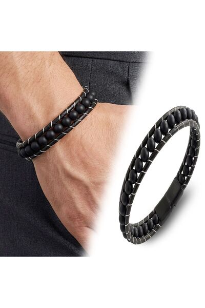 OGHAMAY 6mm Matte Onyx Stone Leather Cord and Steel Bracelet 18392B2D6M1