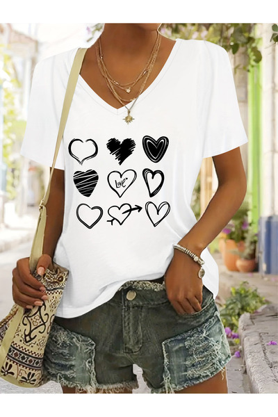 Deocept Women's Heart Printed V-Neck Sleeves Regular Fit Comfortable T-Shirt