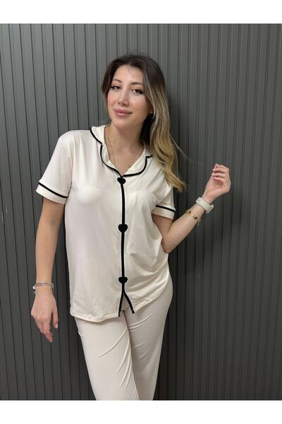 Kadın Kurdele Detaylı Kısa Kollu Pijama Takımı Yumuşak Dokulu Rahat Kalıp Ev Giyim
