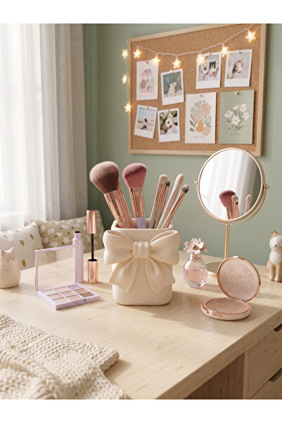 craftopya Fiyonklu Makyaj Fırçası Organizeri - Estetik Kozmetik Düzenleyici Kutu - Fırçalık 9x8 cm