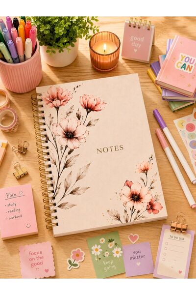 NİORE Floral Patterned Gold Spiral A5 Notebook 120 Pages