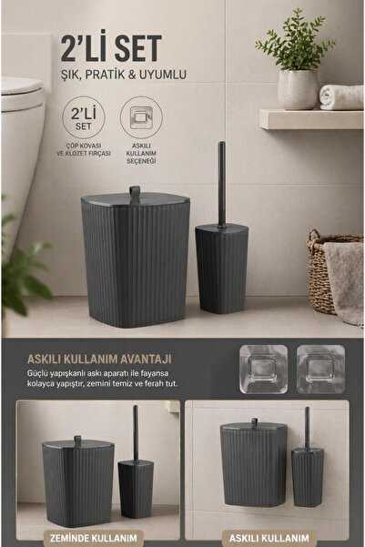 Store HGY Home Safir Yapışkanlı 2'li Banyo Seti - Antrasit