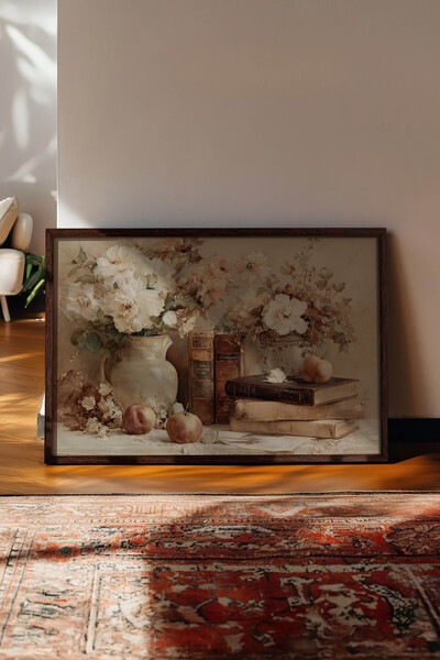 Zestia Pictură murală orizontală vintage, natură moartă florală cu vază de ca...
