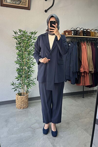 Tığ Triko Blazer Ceket Pantolonlu Takım Lacivert