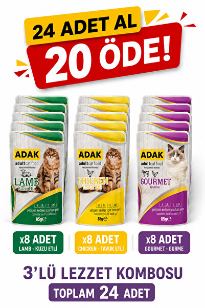 adak Yetişkin Kedi Yaş Maması Pouch 24x85 g Karma Lezzet Paketi (8 Kuzu + 8 T...