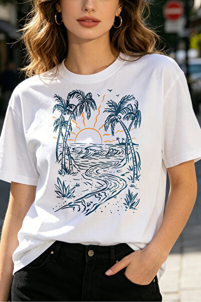 Fleck Womens T Shirts Tropical Beach Sunset Palm Trees Summer Vibes Casual Lo...