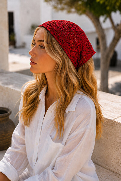 OUS Red Mesh Knitted Bandana Women's Tie-Back Hairband Lightweight Stretchy D...