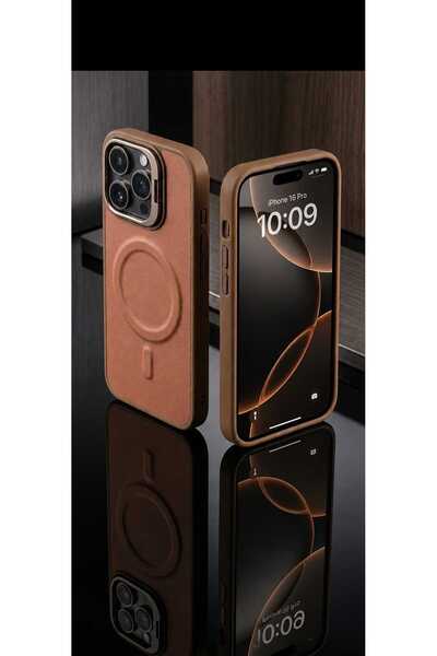 Case I PHONE 16 PRO MAX Kahverengi Deri Standlı Kılıf