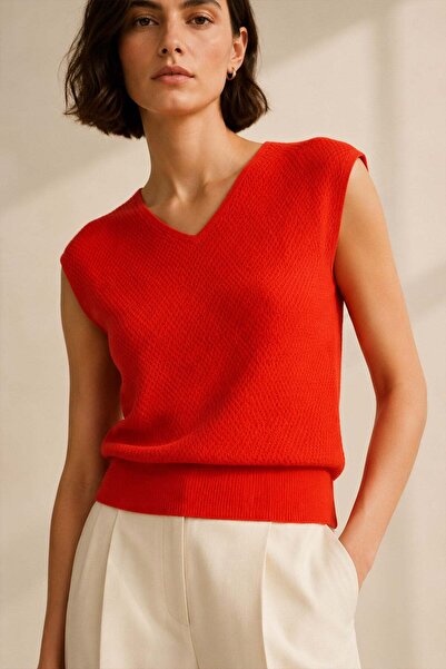 Ferraro Orange Textured Knitted V-Neck 100% Cotton Women's Knitwear Blouse