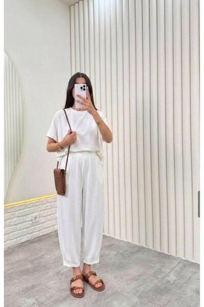 Olbia White Crew Neck Modal Shalwar Trousers Set