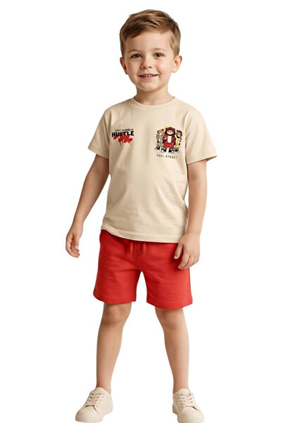 İrem Çocuk Giyim Boy's T-Shirt and Shorts Set with "Hustle" Written on the Fr...