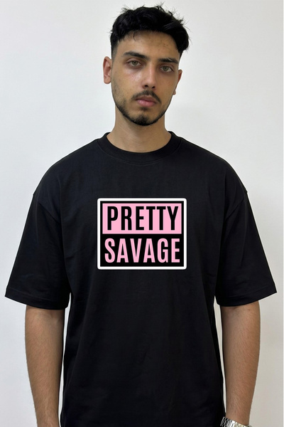 Anetos Pretty Savage Design Printed Oversize Black T-Shirt
