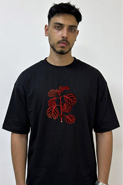 Anetos Μαύρο μπλουζάκι με σχέδιο Red Fittonia με στάμπα και oversized εφαρμογή